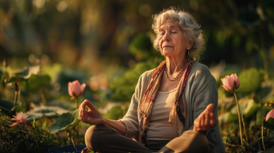 Літня жінка медитує в природному середовищі