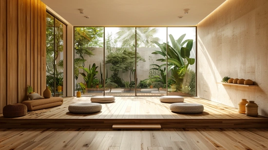 Інтер'єр студії йоги з дерев'яною підлогою та природним освітленням